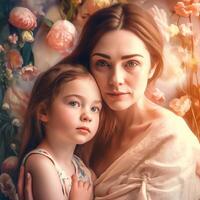 ai generatief moeder en dochter in bloemen achtergrond foto