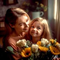 ai generatief mooi moeder en schattig dochter in de buurt een bundel van bloemen foto