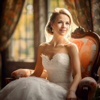 ai generatief een prachtig mooi bruid gezeten in een Koninklijk stoel foto