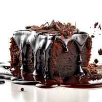 ai generatief een heerlijk donker chocola taart plak met gesmolten chocola en chocolaatje vlokken foto