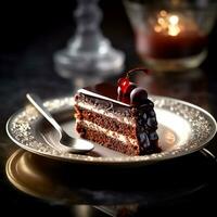 ai generatief heerlijk chocola gelaagde spons taart met lepel Aan een bord Aan de tafel Aan een donker achtergrond foto