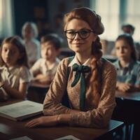 ai generatief mooi leraar zittend in voorkant van de klas in een elementair school- en glimlachen Bij de camera foto