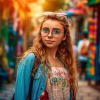 ai generatief elegant jong toerist meisje met bril Aan kleurrijk achtergrond foto