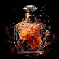 ai generatief een mooi oud Koninklijk parfum fles met bloemen decoratie Aan een donker achtergrond foto