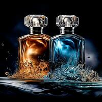 ai generatief abstract blauw en goud wijnoogst parfum flessen Aan donker foto