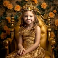 ai generatief een weinig schattig glimlachen meisje vervelend een elegant bloem kroon zittend Aan een Koninklijk stoel foto