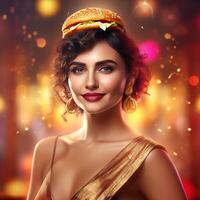 ai generatief een mooi elegant meisje met een charmant glimlach vervelend een zijde Saree en vervelend een hamburger kroon Aan haar hoofd foto