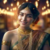 ai generatief gelukkig jong mooi Indisch meisje in een Saree met sieraden foto