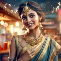 ai generatief mooi glimlachen Indisch meisje in zijde Saree met goud juwelen foto