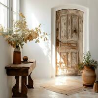 ai generatief oud vervallen houten deur van een oud huis foto