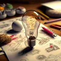 ai generatief de creatief licht lamp Aan een tekening schetsboek foto