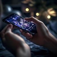 ai generatief een mobiel telefoon in een meisjes hand- Bij nacht foto