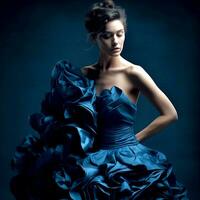 ai generatief een mooi meisje vrouw poses voor de camera in een blauw gegolfd jurk tegen een donker achtergrond foto