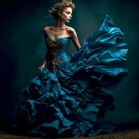 ai generatief een vrouw poses voor de camera in een blauw gegolfd jurk tegen een donker achtergrond foto