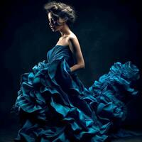 ai generatief mooi model- in een blauw gegolfd jurk Aan een donker achtergrond foto