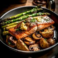 ai generatief krokant huid forel gemotregend met een knoflook en paddestoel Aan een pan Aan een tafel foto