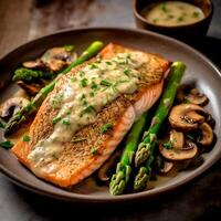 ai generatief smakelijk krokant huid forel gemotregend met een knoflook en paddestoel Aan een pan Aan een tafel foto