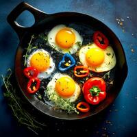 ai generatief vier heerlijk omeletten Aan een zwart pan foto