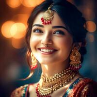 ai generatief een mooi meisje met een schattig gezicht in een abstract Saree en goud sieraden Aan een gloeiend achtergrond foto