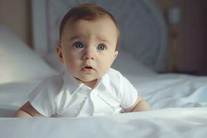 baby vervelend bodysuit Aan bed. genereren ai foto