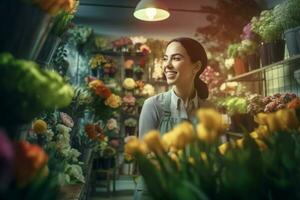 vrouw glimlachen bloem arrangeur. genereren ai foto