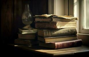 oud boeken stack Bij tafel. genereren ai foto