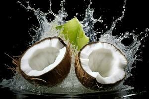 gebarsten water kokosnoot. genereren ai foto