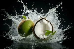 gebroken gebarsten water kokosnoot. genereren ai foto