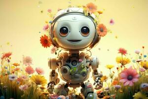 aanbiddelijk schattig robot meisje met bloemen. genereren ai foto