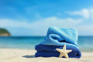 kleurrijk blauw handdoek zomer strand zand. genereren ai foto