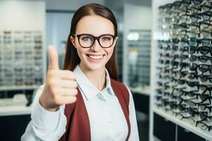 vrouw opticien duim omhoog op zoek. genereren ai foto