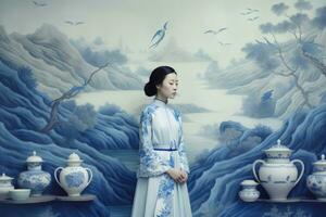 Aziatisch vrouw blauw keramisch toerisme. genereren ai foto