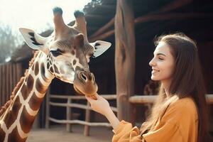 meisje feeds giraffe dier. genereren ai foto