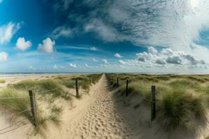 zand pad strand blauw lucht. genereren ai foto