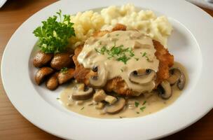 varkensvlees schnitzel paddestoel saus bord. genereren ai foto