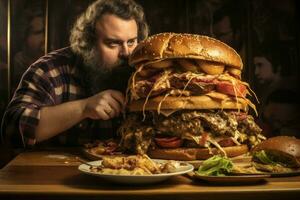 Mens aan het eten reusachtig hamburger. genereren ai foto