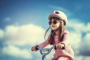 klein meisje fiets rijden. genereren ai foto