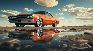 klassiek Amerikaans auto met reflectie Aan de water ai gegenereerd foto