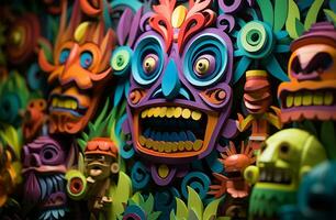 detailopname van een kleurrijk carnaval masker met bloemen in de achtergrond ai gegenereerd foto