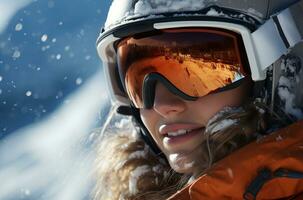 detailopname portret van een mooi meisje in een ski pak en stofbril ai gegenereerd foto