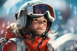 portret van jong meisje in helm en stofbril Bij ski toevlucht ai gegenereerd foto