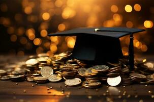 diploma uitreiking pet en goud munten Aan gouden bokeh achtergrond. onderwijs concept ai gegenereerd foto