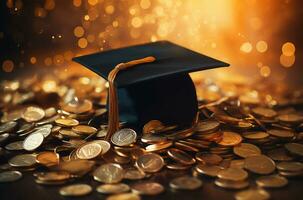 diploma uitreiking pet en goud munten Aan gouden bokeh achtergrond. onderwijs concept ai gegenereerd foto