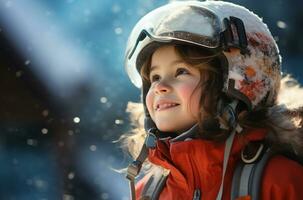 portret van jong meisje in helm en stofbril Bij ski toevlucht ai gegenereerd foto