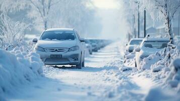 auto's gedekt met sneeuw in een woon- Oppervlakte in de winter ai gegenereerd foto