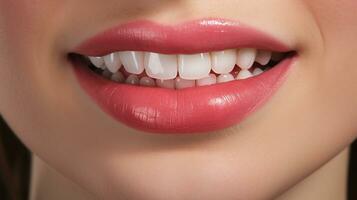 detailopname van glimlachen vrouw met gezond tanden. tanden bleken concept ai gegenereerd foto
