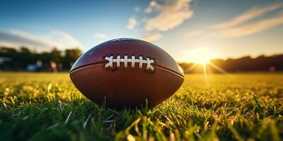 Amerikaans Amerikaans voetbal bal Aan gras veld- met blauw lucht en wolken in achtergrond ai gegenereerd foto