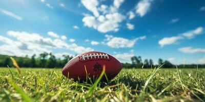 Amerikaans Amerikaans voetbal bal Aan gras veld- met blauw lucht en wolken in achtergrond ai gegenereerd foto