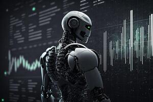 toekomst bedrijf 3d technologie robot en voorraad tabel handelaren, voorraad tabel analyse naar ritme de markt. generatief ai. foto