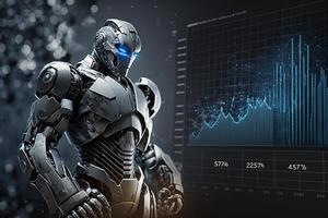 toekomst bedrijf 3d technologie robot en voorraad tabel handelaren, voorraad tabel analyse naar ritme de markt. generatief ai. foto